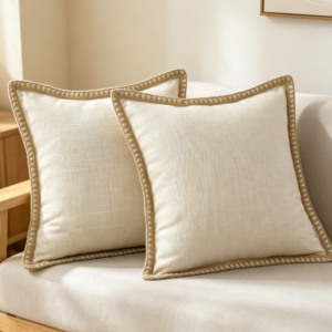Off-White Linen Throw Pillow Cover with Woven Trim (Set of 2)
