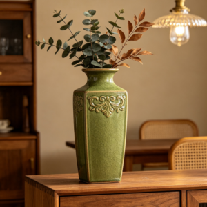 Vintage Green Embossed Crackle-Glaze Square Ceramic Vase