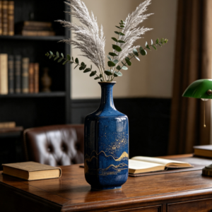 Navy Blue & Gilded Landscape Square Ceramic Vase