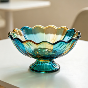 Lapis-to-Gold Gradient Vertical-Ribbed Petal-Shaped Pedestal Glass Fruit Basket