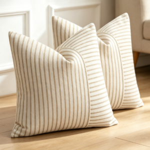 Light Brown Fine-Stripe Linen Cushion Cover (Set of 2)