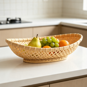 Boat-Shaped Rattan Fruit Tray with Diamond Open-Weave Pattern