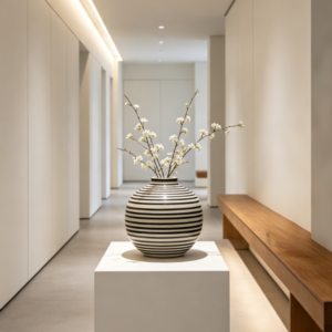Black & White Striped Spherical Ceramic Vase