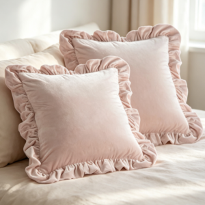 Pale Pink Velvet Ruffled Throw Pillow Cover