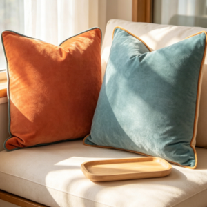 Color-Blocked Velvet Cushion Covers (Set of 2: Orange + Lake Blue)